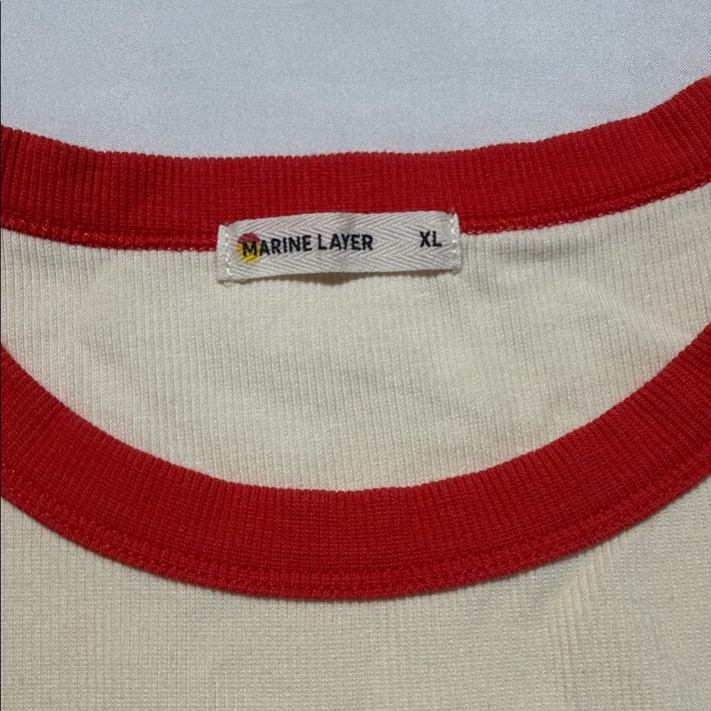 Marine Layer Lexi Rib Sun In Crewneck Ringer Tee in Cream and Hibiscus Red trim - Picture 5 of 11